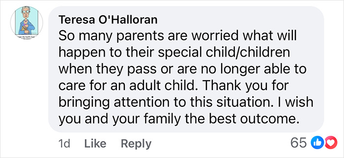 Comment discussing long-term care for disabled adult children, with 65 likes and supportive notes on the issue. Comment discussing long-term care for disabled adult children, with 65 likes and supportive notes on the issue.