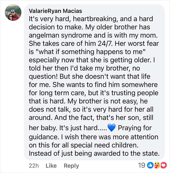 Comment about challenges of finding long-term care for a disabled family member, highlighting emotional and practical concerns. Comment about challenges of finding long-term care for a disabled family member, highlighting emotional and practical concerns.