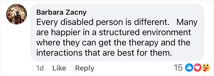 Comment on care facilities for disabled individuals with 15 likes and heart reactions. Comment on care facilities for disabled individuals with 15 likes and heart reactions.