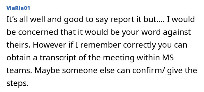 Text suggesting obtaining a meeting transcript for evidence after a video call incident. Text suggesting obtaining a meeting transcript for evidence after a video call incident.