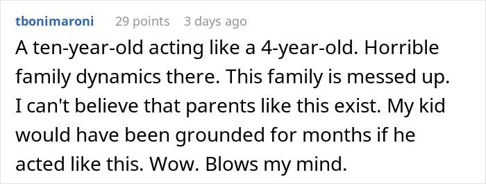 Reddit comment criticizing family dynamics, mentioning a child’s behavior and parental responsibility. Reddit comment criticizing family dynamics, mentioning a child’s behavior and parental responsibility.