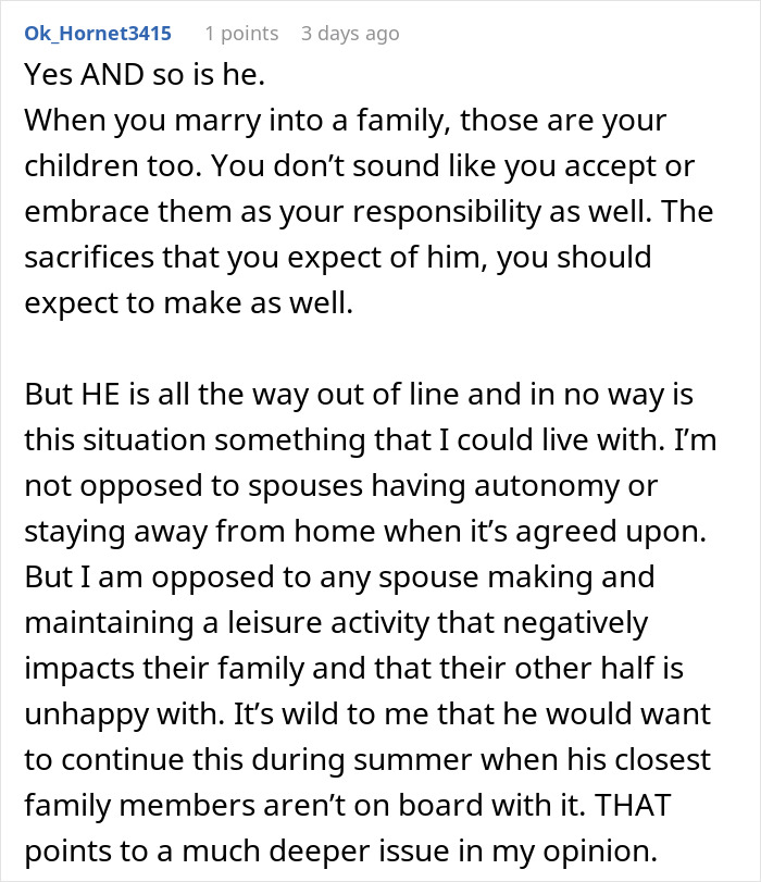 Text comment discussing family responsibilities and spouse autonomy. Text comment discussing family responsibilities and spouse autonomy.