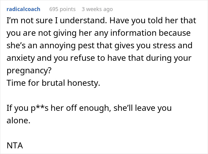 Text exchange about keeping pregnancy news private from overbearing mother-in-law. Text exchange about keeping pregnancy news private from overbearing mother-in-law.