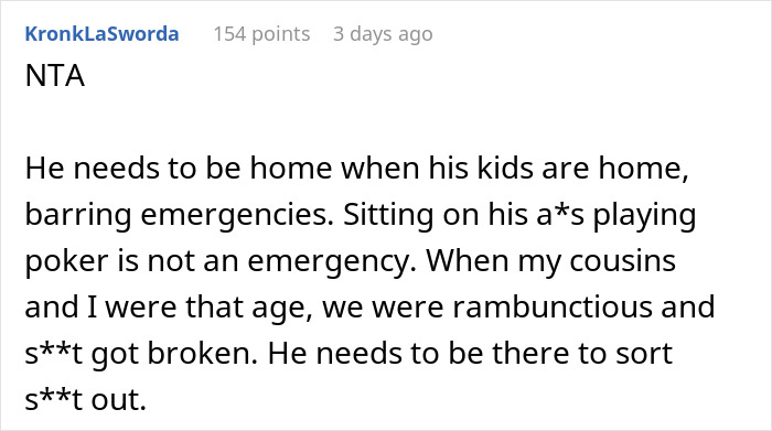 Reddit comment discussing expectations for husband to be home with kids. Reddit comment discussing expectations for husband to be home with kids.