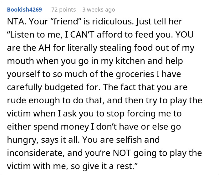 Text comment discussing backlash over friend consuming groceries worth $60. Text comment discussing backlash over friend consuming groceries worth $60.