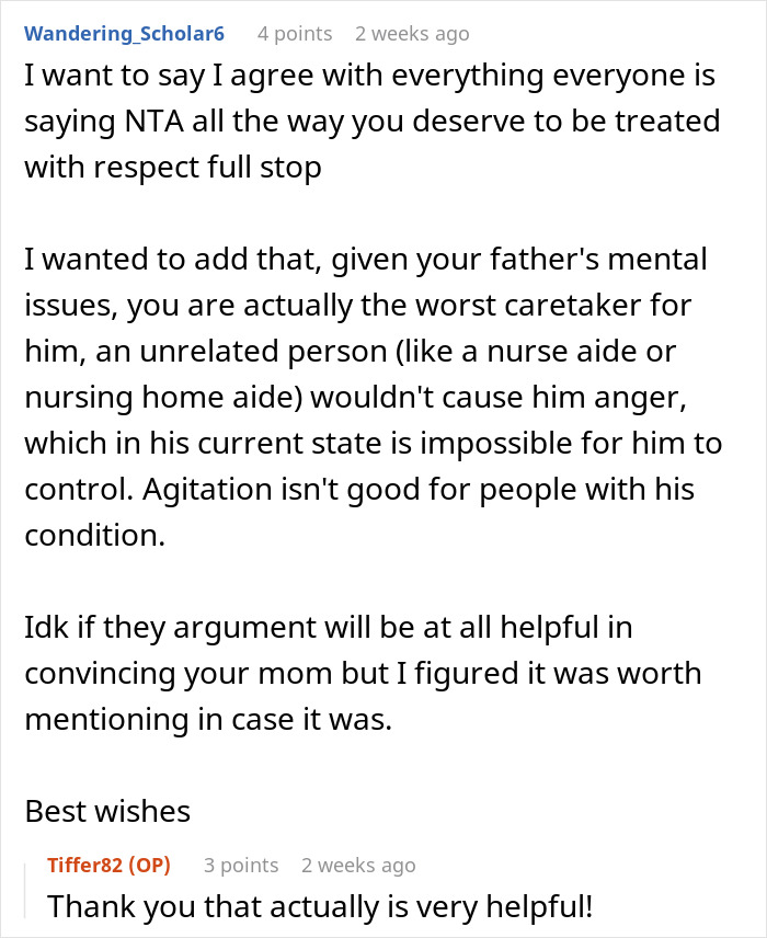 Reddit comment supporting a woman's choice not to care for her cruel father. Reddit comment supporting a woman's choice not to care for her cruel father.