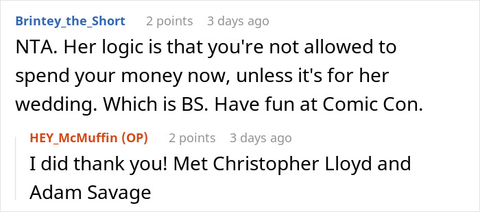 Reddit conversation about woman choosing affordable getaway with husband over friend’s expensive wedding and facing criticism from bride.