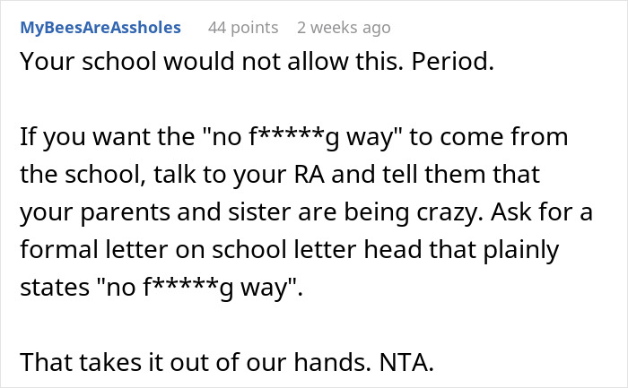 Reddit comment about college dorm room disagreement with older sister and baby. Reddit comment about college dorm room disagreement with older sister and baby.