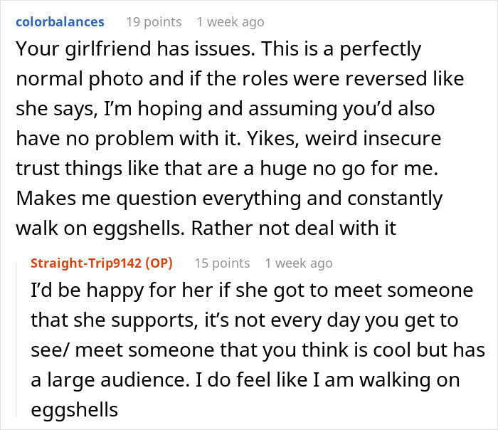Discussion about jealousy in relationships and group photos, with users sharing opinions on a Reddit thread. Discussion about jealousy in relationships and group photos, with users sharing opinions on a Reddit thread.