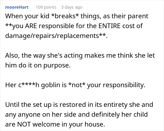 Image of a comment discussing family drama and responsibility for $2,000 damages caused by a sister's child. Image of a comment discussing family drama and responsibility for $2,000 damages caused by a sister's child.
