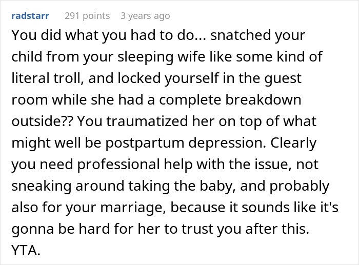 Text commentary addressing a situation about newborn bedroom conflict with a wife. Text commentary addressing a situation about newborn bedroom conflict with a wife.