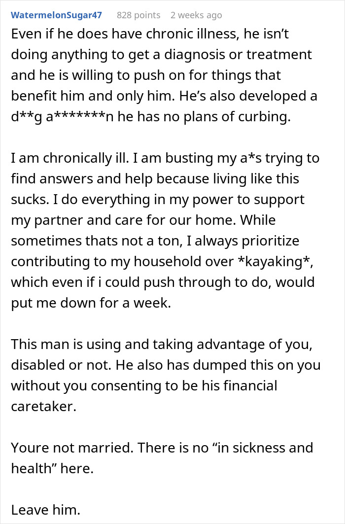 Reddit comment criticizing a man for using his pain as an excuse to avoid responsibilities. Reddit comment criticizing a man for using his pain as an excuse to avoid responsibilities.