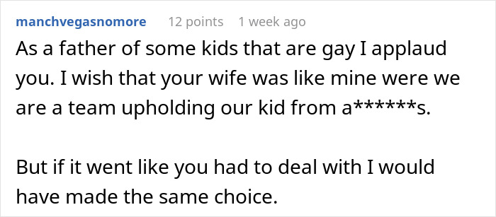 Screenshot of a social media comment discussing a dad defending his bi daughter amid family conflict and divorce threats.