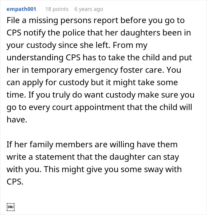 Reddit comment offering advice on handling child custody after a mother disappears for months. Reddit comment offering advice on handling child custody after a mother disappears for months.