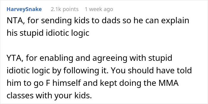 Reddit comment discussing parents' disagreement on children's MMA class. Reddit comment discussing parents' disagreement on children's MMA class.