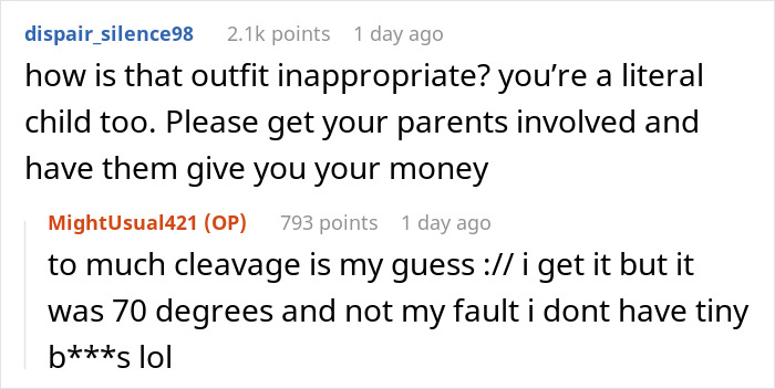 Reddit conversation discussing a teen's tank top and a babysitting payment issue.