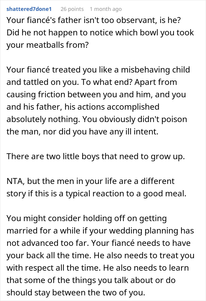 Text commenting on FIL's reaction to vegetarian meatballs and calling out fiancé's behavior. Text commenting on FIL's reaction to vegetarian meatballs and calling out fiancé's behavior.