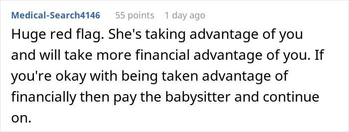 User comment on paying for babysitter during a date, calling it a financial red flag. User comment on paying for babysitter during a date, calling it a financial red flag.