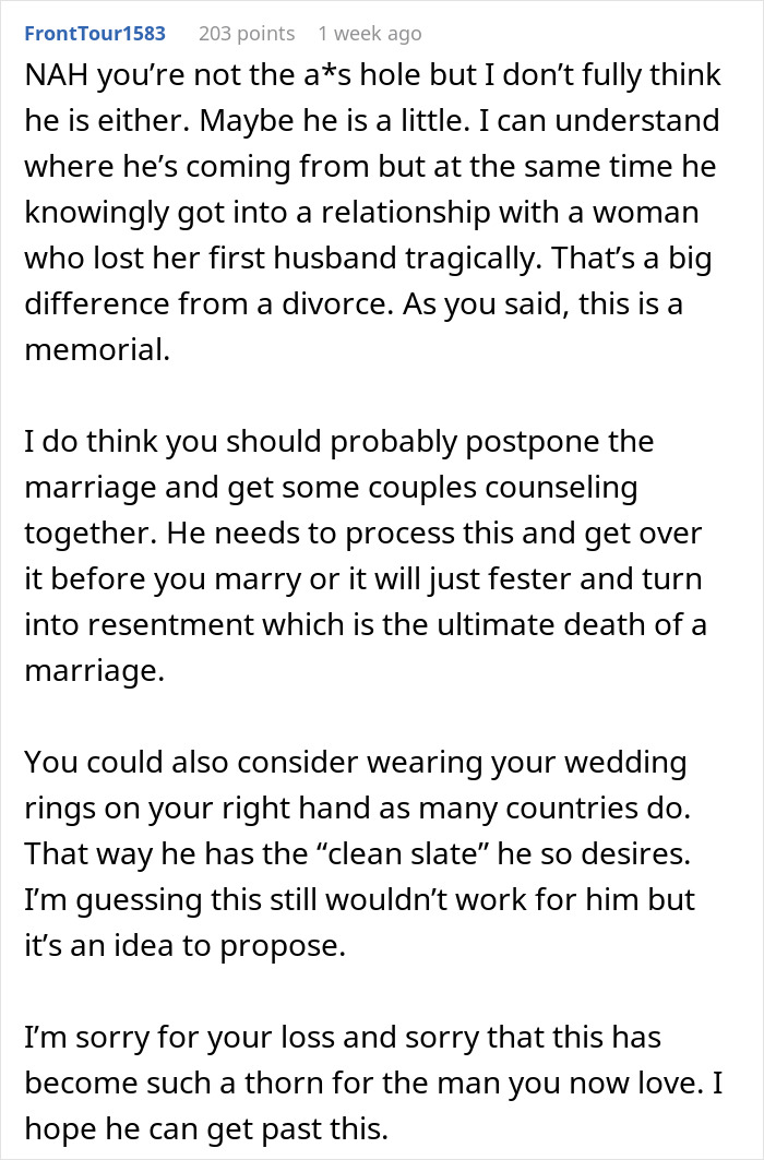 Reddit comment giving advice on a man's concerns about his future wife's tattoo from her late husband. Reddit comment giving advice on a man's concerns about his future wife's tattoo from her late husband.