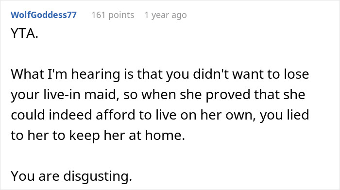 Comment criticizing a man's deceitful method to keep his stepdaughter doing chores by lying about rent. Comment criticizing a man's deceitful method to keep his stepdaughter doing chores by lying about rent.