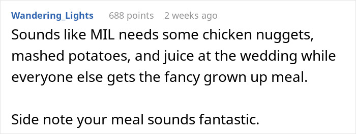 Comment discussing MIL's preference for simple wedding menu options, highlighting a humorous take on the situation. Comment discussing MIL's preference for simple wedding menu options, highlighting a humorous take on the situation.