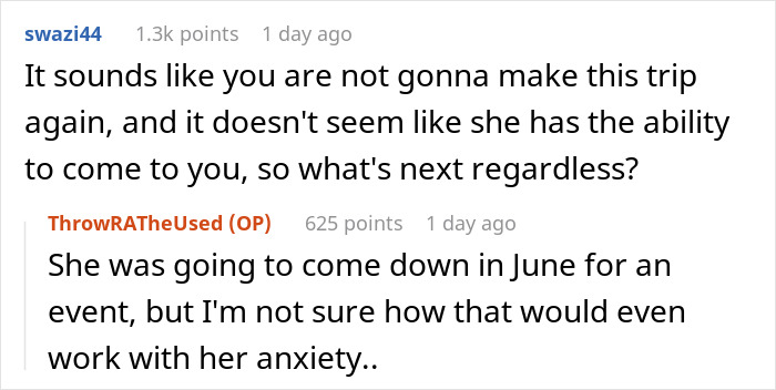 Reddit comments discussing a long-distance trip, mentioning anxieties and future relationship plans. Reddit comments discussing a long-distance trip, mentioning anxieties and future relationship plans.