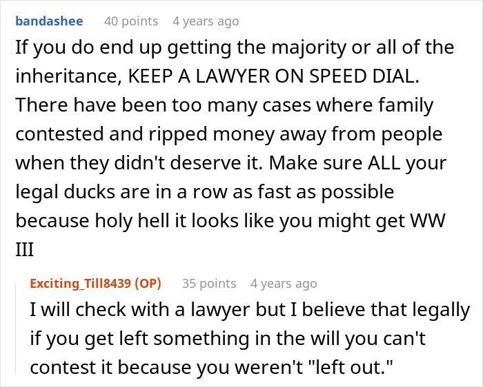 Discussion on will inheritance and legal advice regarding family disputes. Discussion on will inheritance and legal advice regarding family disputes.