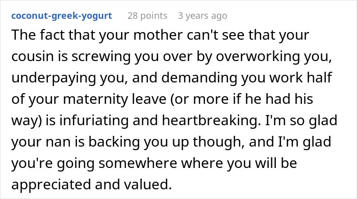 Reddit comment addressing workplace issues during maternity leave and family dynamics. Reddit comment addressing workplace issues during maternity leave and family dynamics.