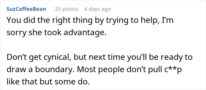 Comment discussing how a good deed led to an accidental charity event, advising on setting boundaries. Comment discussing how a good deed led to an accidental charity event, advising on setting boundaries.