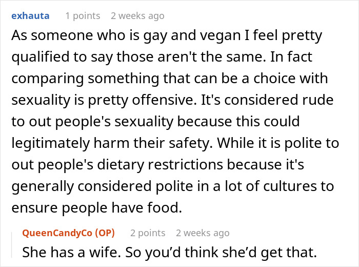 Text exchange discussing the comparison between sharing dietary choices and outing someone's sexuality. Text exchange discussing the comparison between sharing dietary choices and outing someone's sexuality.