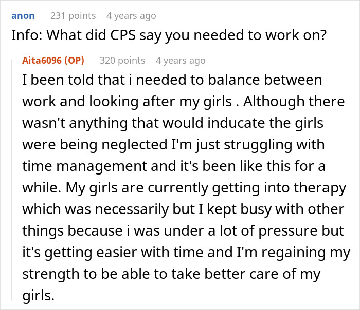 Text exchange discussing CPS recommendations on balancing work and childcare, shared on a public forum. Text exchange discussing CPS recommendations on balancing work and childcare, shared on a public forum.