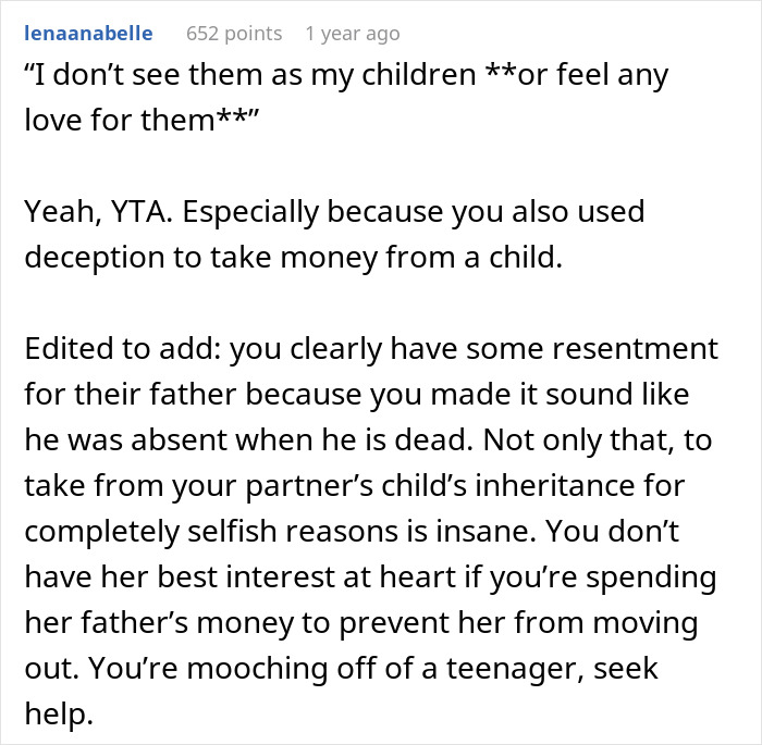 Reddit comment criticizing a man for overcharging stepdaughter with rent deception. Reddit comment criticizing a man for overcharging stepdaughter with rent deception.