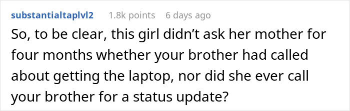 Comment discussing a student not checking on her laptop for months, questioning lack of follow-up. Comment discussing a student not checking on her laptop for months, questioning lack of follow-up.