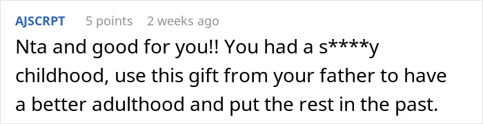 Reddit comment discussing keeping money from a parents' apartment inheritance, expressing supportive sentiment. Reddit comment discussing keeping money from a parents' apartment inheritance, expressing supportive sentiment.