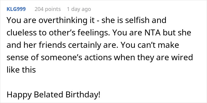 Online comment on a relationship issue, mentioning a birthday conflict and ending with "Happy Belated Birthday! Online comment on a relationship issue, mentioning a birthday conflict and ending with "Happy Belated Birthday!