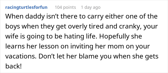 Comment on MIL taking vacation spot, user suggests consequences and learning. Comment on MIL taking vacation spot, user suggests consequences and learning.