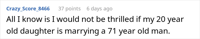 Comment expressing concern about a sugar daddy proposing marriage to a much younger woman. Comment expressing concern about a sugar daddy proposing marriage to a much younger woman.
