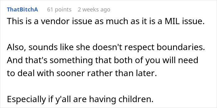 Reddit comment about MIL issues with wedding menu, highlighting boundary disrespect and future advice for the couple. Reddit comment about MIL issues with wedding menu, highlighting boundary disrespect and future advice for the couple.