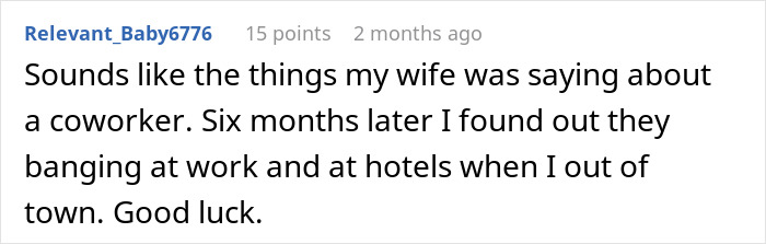 Screenshot of a comment discussing a wife learning the truth about her husband’s late-night drinks with a coworker. Screenshot of a comment discussing a wife learning the truth about her husband’s late-night drinks with a coworker.
