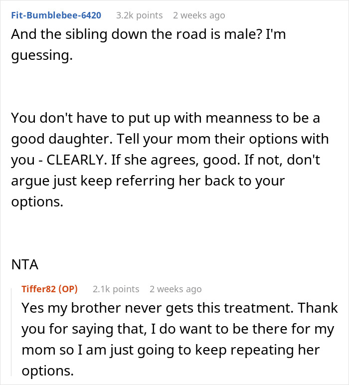 Reddit thread discussing a woman's decision to not care for a cruel father, highlighting sibling treatment differences. Reddit thread discussing a woman's decision to not care for a cruel father, highlighting sibling treatment differences.