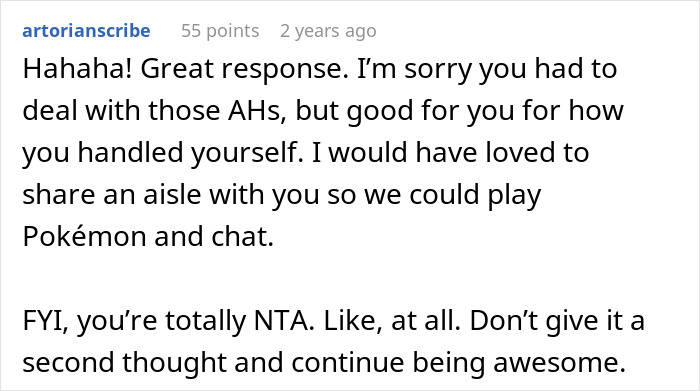 Comment supporting woman's choice to book two plane seats instead of sharing. Comment supporting woman's choice to book two plane seats instead of sharing.