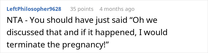 Comment mentioning pregnancy termination in response to MIL jokes about birth control. Comment mentioning pregnancy termination in response to MIL jokes about birth control.