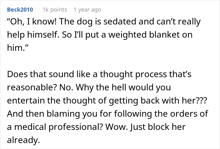 Comment discussing weighted blanket incident involving dog with injured back. Comment discussing weighted blanket incident involving dog with injured back.