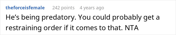 Comment discussing BIL's predatory behavior and suggesting a restraining order. Comment discussing BIL's predatory behavior and suggesting a restraining order.