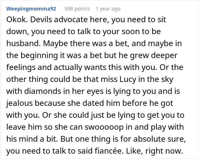 Text conversation discussing a bet between fiancé and best friend about marriage intentions. Text conversation discussing a bet between fiancé and best friend about marriage intentions.