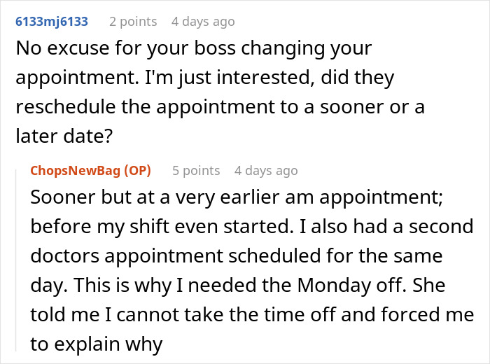 Reddit discussion about a boss canceling a doctor's appointment without consent, with comments on rescheduling issues. Reddit discussion about a boss canceling a doctor's appointment without consent, with comments on rescheduling issues.