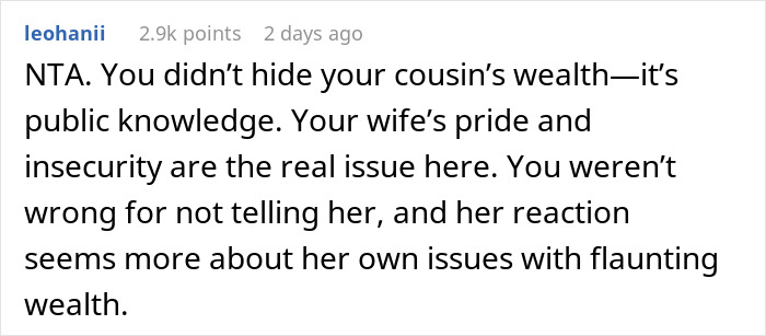 Comment discussing issues with flaunting wealth and insecurity in relationships. Comment discussing issues with flaunting wealth and insecurity in relationships.
