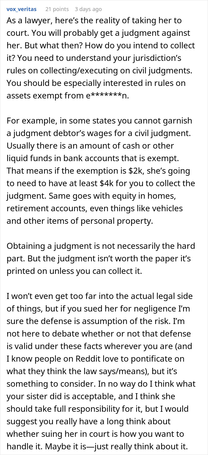 Text of legal advice on collecting civil judgments, discussing family-related damages and potential court actions. Text of legal advice on collecting civil judgments, discussing family-related damages and potential court actions.