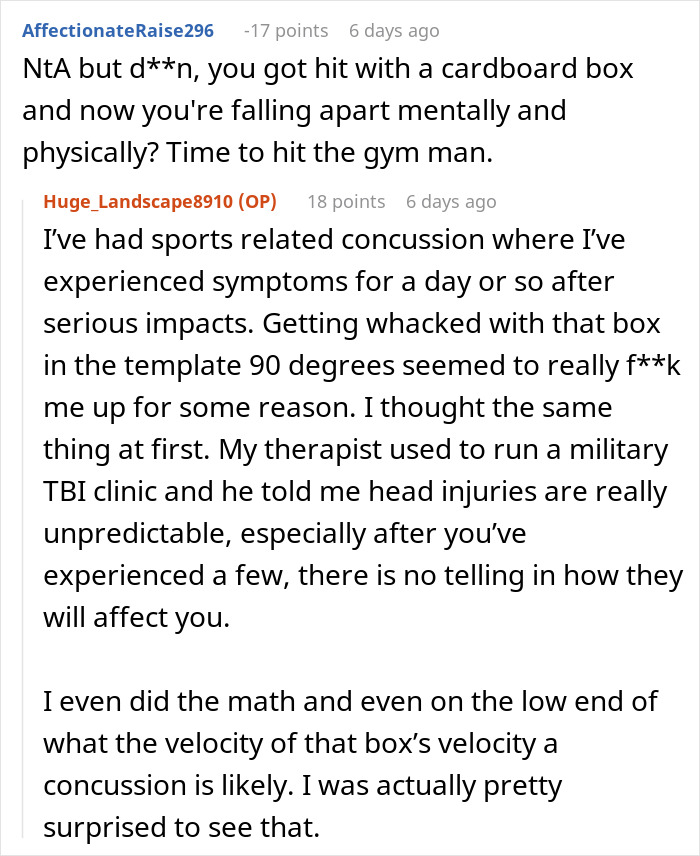 Comment thread discussing the impact of being hit by a heavy box causing concussion symptoms. Comment thread discussing the impact of being hit by a heavy box causing concussion symptoms.
