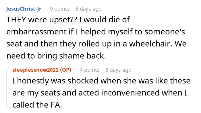 Reddit comments discussing a situation where a couple took a first-class seat from a wheelchair user. Reddit comments discussing a situation where a couple took a first-class seat from a wheelchair user.